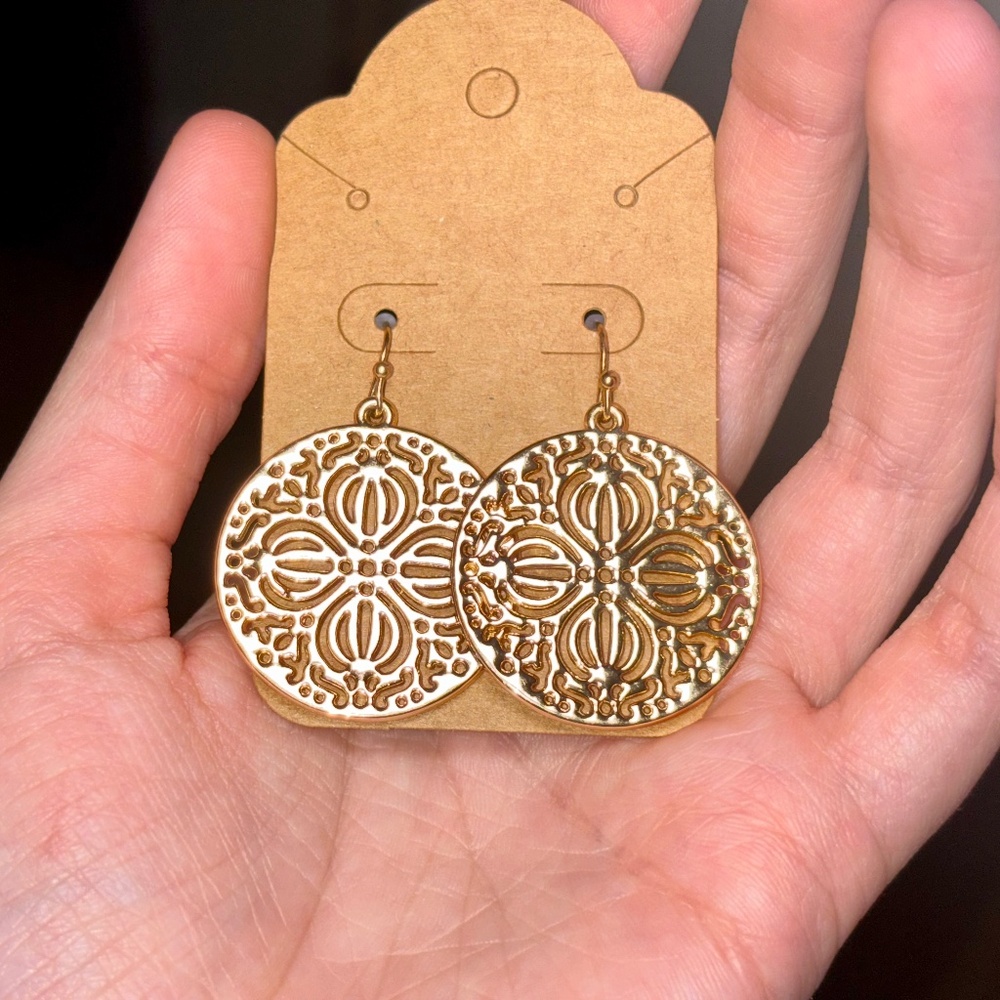 Gold Tone Mandala Circular Earrings